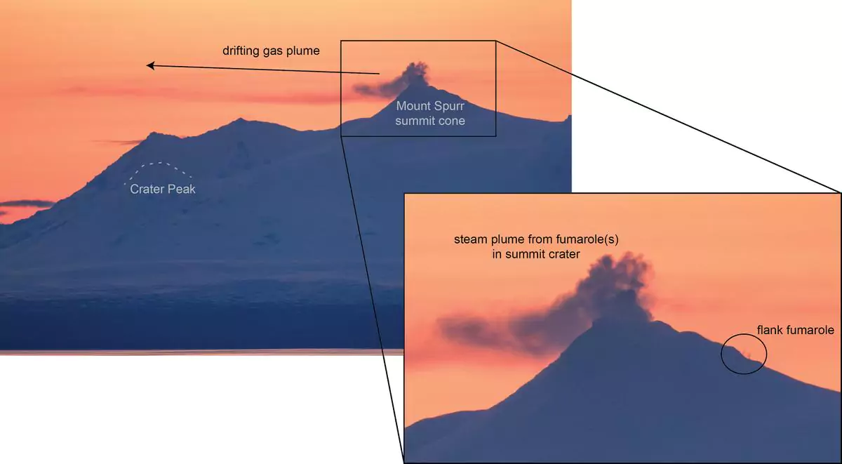 A photo of Mount Spurr features a close-up of steam venting from its summit.