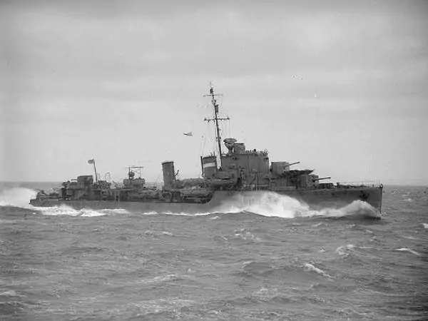 Historic black and white image of the UK Royal Navy vessel HMS Intrepid as it sinks
