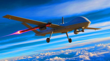 Illustration of an MQ-9 drone equipped with a laser weapon system in flight (AI-generated, non-realistic illustration). Credit: Ideogram.