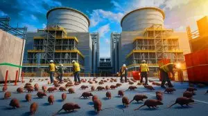 Illustration of a rodent invasion at a nuclear construction site (AI-generated, non-realistic illustration). Credit: Ideogram.
