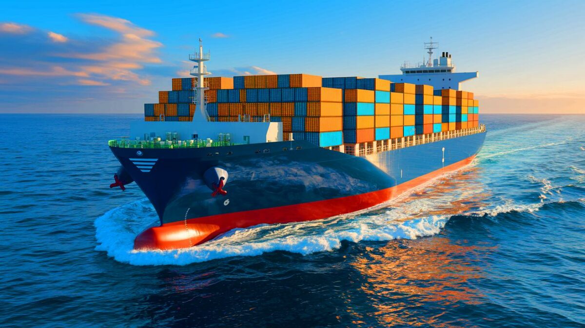 Illustration of a cargo ship powered by a recycled cooking oil blend navigating the seas (AI-generated, non-realistic illustration). Credit: Ideogram.