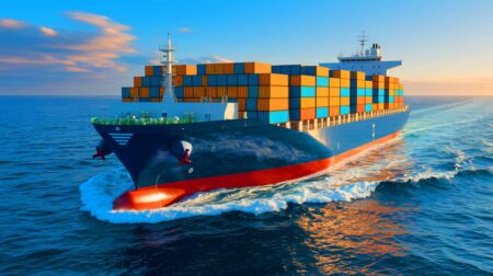 Illustration of a cargo ship powered by a recycled cooking oil blend navigating the seas (AI-generated, non-realistic illustration). Credit: Ideogram.