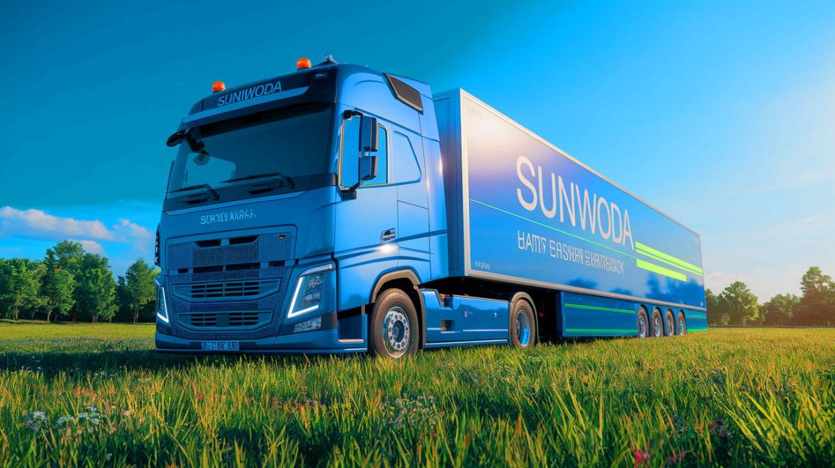 Illustration of Sunwoda's MESS 2000 mobile battery truck powering homes (AI-generated, non-realistic illustration). Credit: Ideogram.