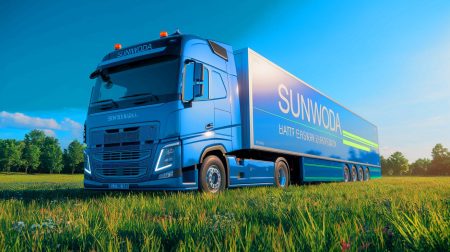 Illustration of Sunwoda's MESS 2000 mobile battery truck powering homes (AI-generated, non-realistic illustration). Credit: Ideogram.