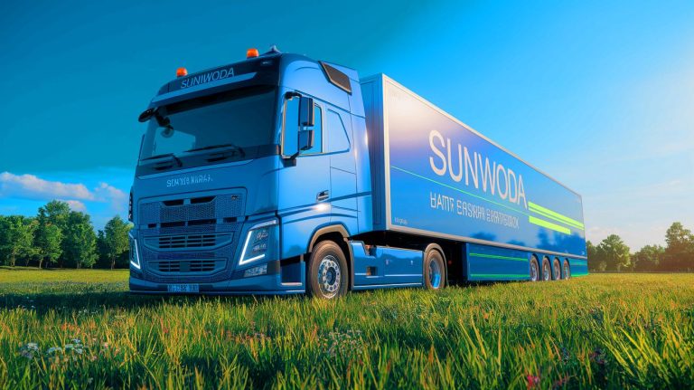Illustration of Sunwoda's MESS 2000 mobile battery truck powering homes (AI-generated, non-realistic illustration). Credit: Ideogram.