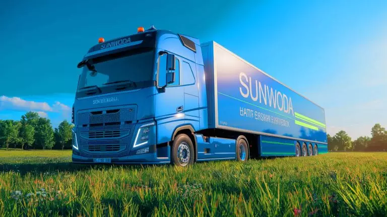 Illustration of Sunwoda's MESS 2000 mobile battery truck powering homes (AI-generated, non-realistic illustration). Credit: Ideogram.