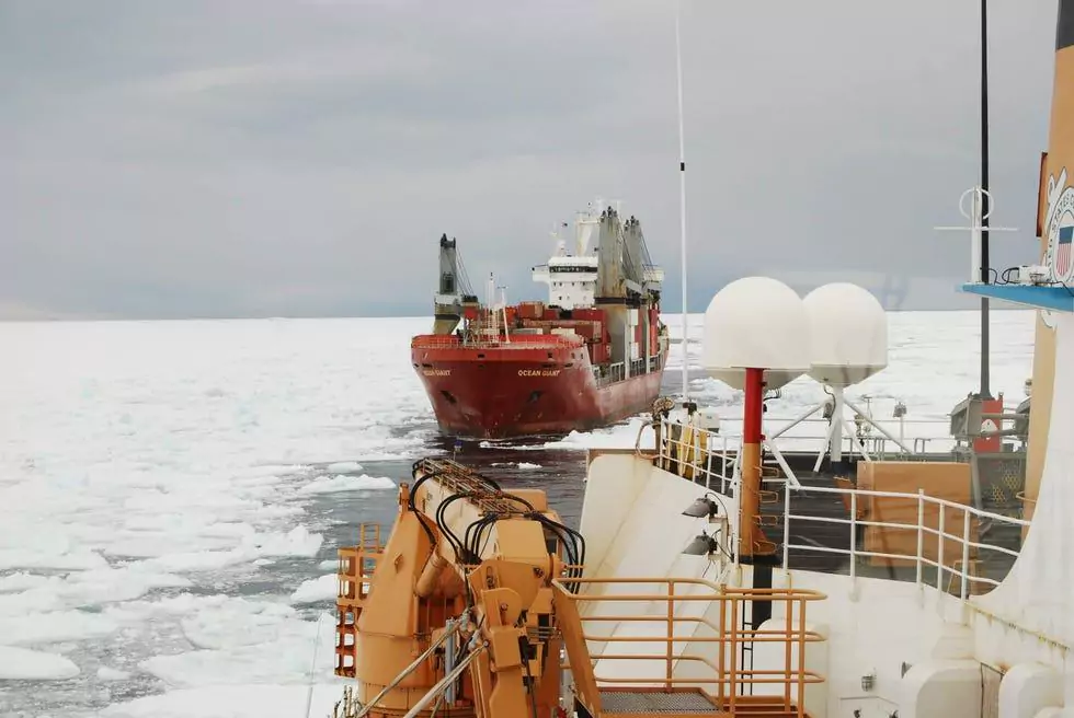 A cargo ship making its way through frozen seas