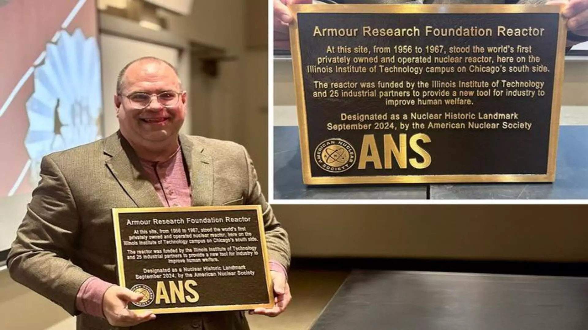 Jeff Terry, Vice Provost for Research at Illinois Tech, displays the plaque commemorating the Armour Research Foundation Reactor (inset).