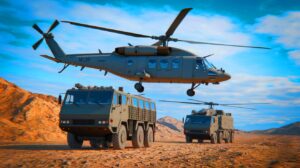 Illustration of a modernized U.S. nuclear convoy featuring the MH-139A Grey Wolf helicopter and Payload Transporter Replacement vehicle (AI-generated, non-realistic illustration). Credit: Ideogram.