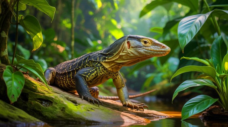 Illustration of the elusive earless monitor lizard in the Borneo rainforest (AI-generated, unrealistic). Credit: Ideogram.