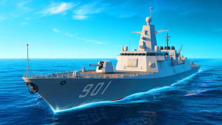 Illustration of China's People’s Liberation Army Navy warship undergoing degaussing with AI integration. Image generated by AI.