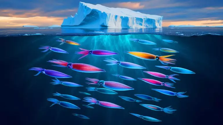 Illustration of an iceberg detachment revealing rare squid species in an unexplored marine ecosystem. Image generated by AI.