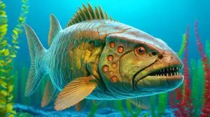 Illustration of ancient armored fish with sensory structures related to human tooth pain. Image generated by AI.
