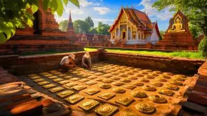 Illustration of the discovery of ancient gold artifacts beneath a Buddhist temple in Thailand. Image generated by AI.