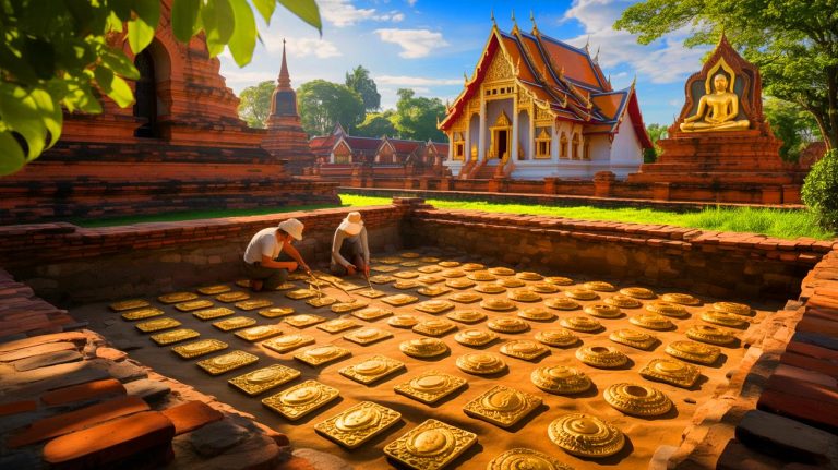 Illustration of the discovery of ancient gold artifacts beneath a Buddhist temple in Thailand. Image generated by AI.