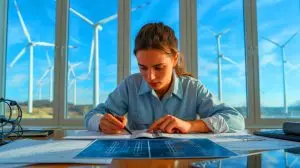 Illustration of a Penn State graduate student solving a century-old math problem to optimize wind turbine efficiency. Image generated by AI.
