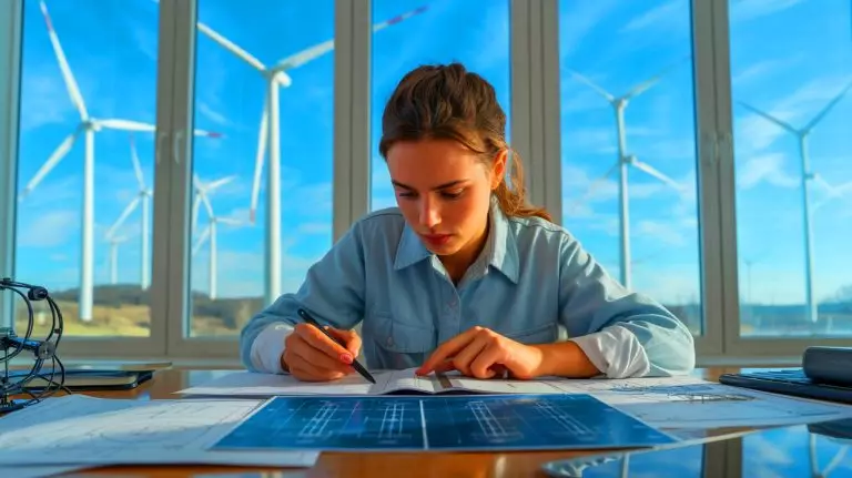 Illustration of a Penn State graduate student solving a century-old math problem to optimize wind turbine efficiency. Image generated by AI.