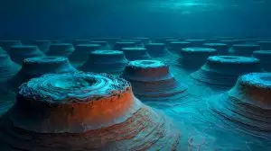 Illustration of 117-million-year-old underwater mud waves off the coast of Guinea-Bissau (AI-generated, unrealistic). Credit: Ideogram.