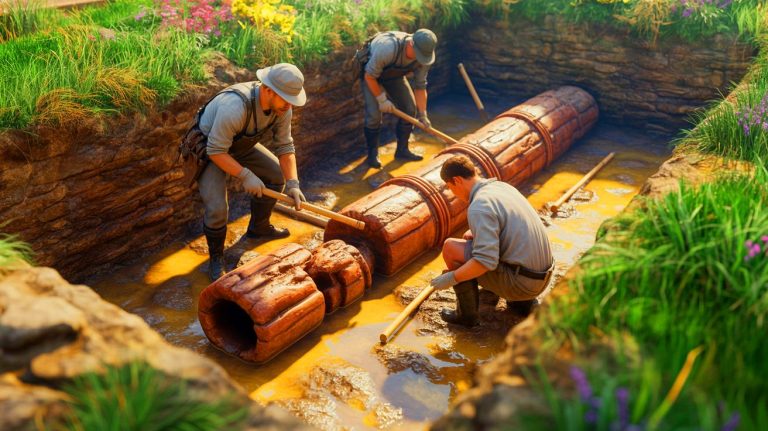 Illustration of the discovery of a 1,700-year-old Roman wooden water pipe in Leuven. Image generated by AI.