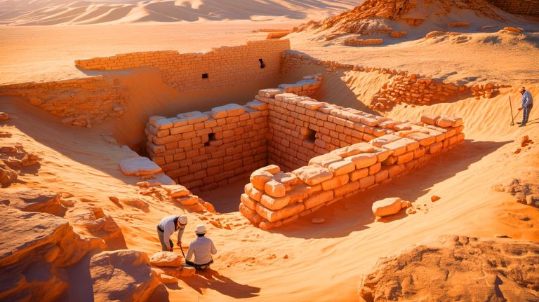 Illustration of the unearthed hidden fort and moat at a 2,000-year-old Egyptian military fortress. Image generated by AI.