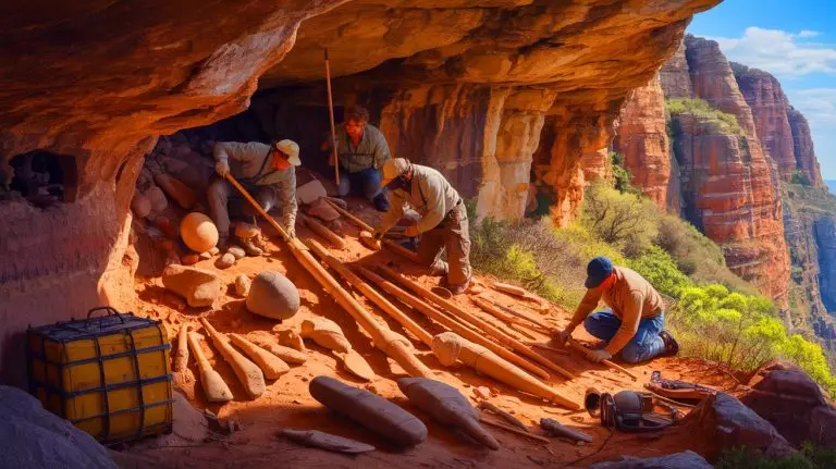 Illustration of ancient stone tools discovered in a South African cliffside cave. Image generated by AI.