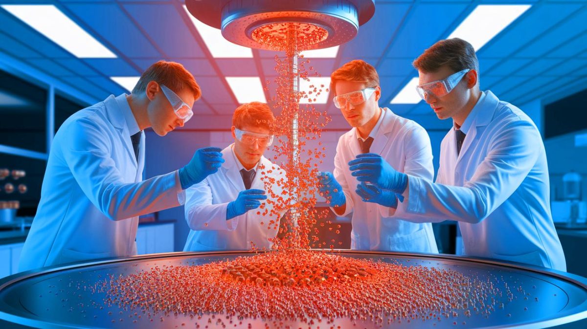 Illustration of scientists observing copper catalysts during CO2 conversion reactions (AI-generated, non-realistic illustration). Credit: Ideogram.