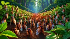 Illustration of billions of periodical cicadas emerging across the United States landscape (AI-generated, unrealistic). Credit: Ideogram.