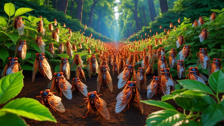 Illustration of billions of periodical cicadas emerging across the United States landscape (AI-generated, unrealistic). Credit: Ideogram.