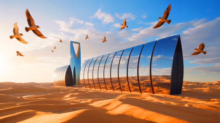 Illustration of a futuristic city in the Saudi Arabian desert with a mirrored facade, highlighting environmental concerns for migratory birds. Image generated by AI.