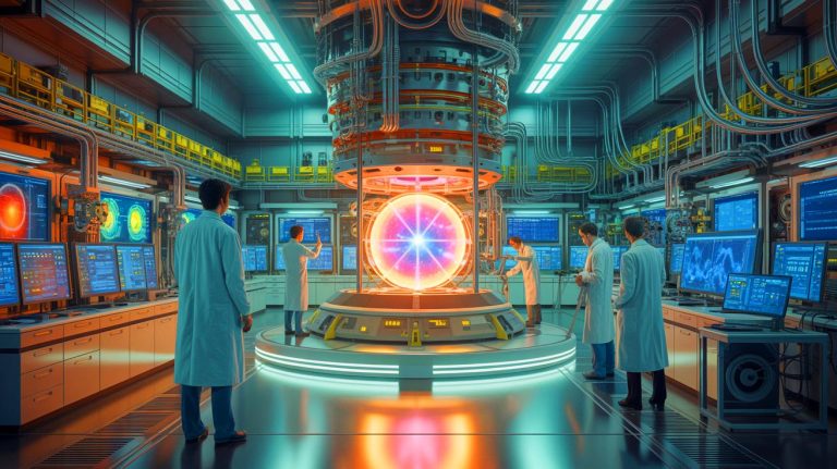 Illustration of scientists experimenting with heat removal in a fusion tokamak reactor (AI-generated, unrealistic). Credit: Ideogram.