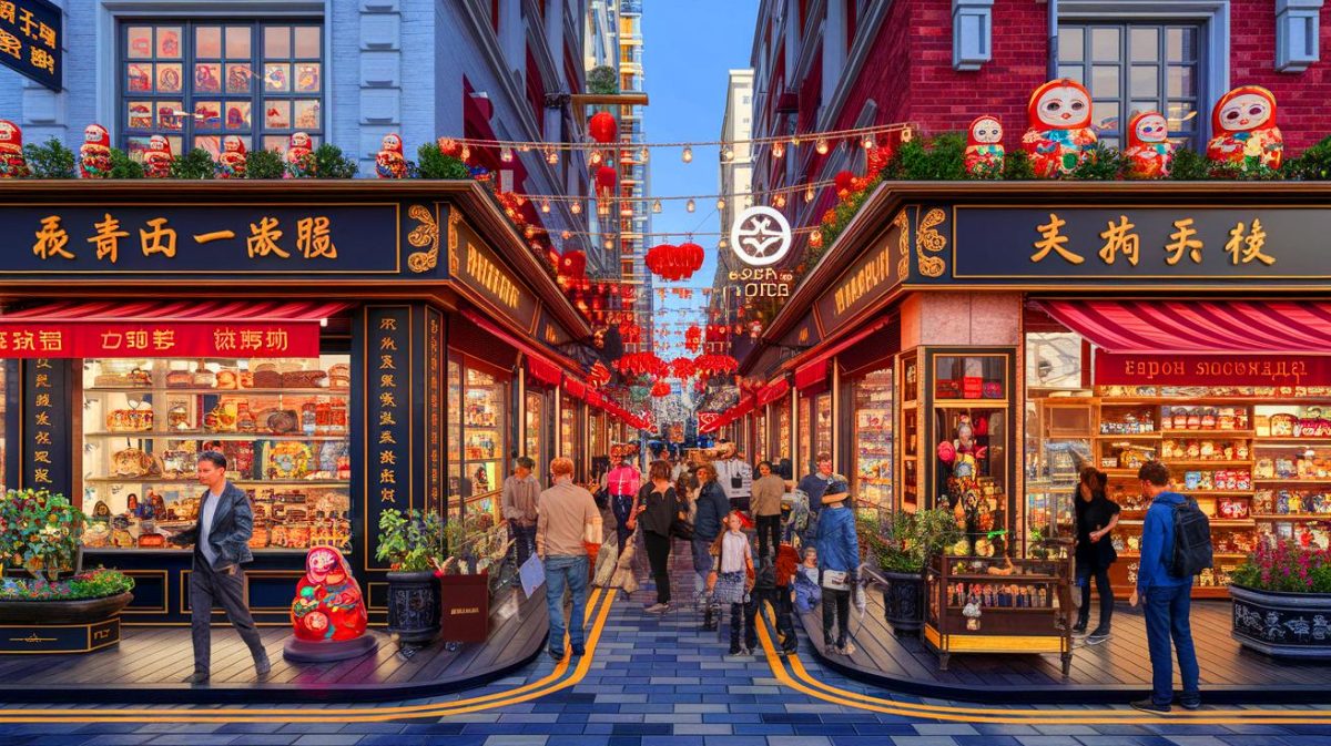 Illustration of Russian-themed stores proliferating in Chinese cities due to geopolitical shifts (AI-generated, non-realistic illustration). Credit: Ideogram.