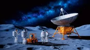 Illustration of a futuristic lunar habitat with explorers at the Moon's south pole (AI-generated, unrealistic). Credit: Ideogram.