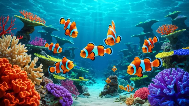 Illustration of clownfish shrinking in response to marine heatwaves. Image generated by AI.