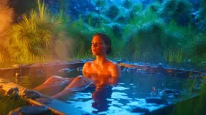 Illustration of a woman submerging in an ice bath during a cold plunge recovery session outdoors (AI-generated, unrealistic). Credit: Ideogram.
