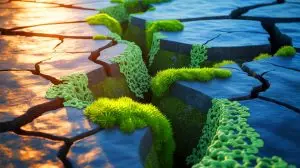 Illustration of a concrete surface with patches of green lichen and moss growing in the cracks. Image generated by AI.