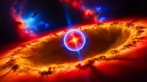 Illustration of a massive baby star HW2 consuming gas in its stellar formation. Image generated by AI.