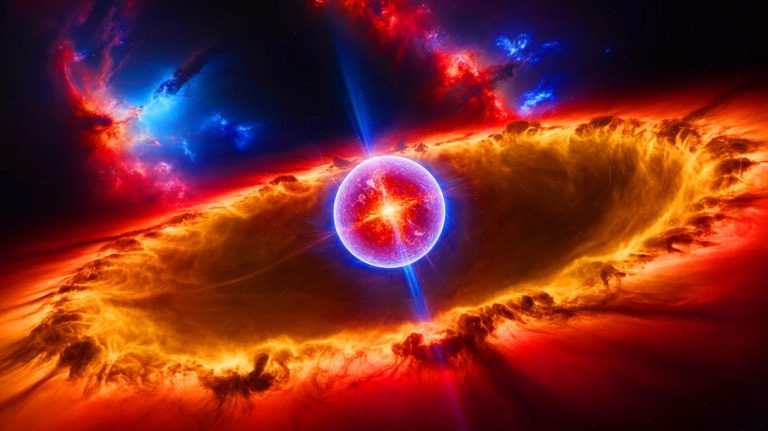 Illustration of a massive baby star HW2 consuming gas in its stellar formation. Image generated by AI.