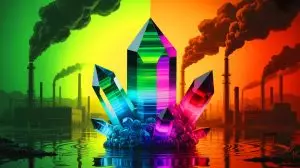Illustration of a crystal changing color to detect pollutants. Image generated by AI.