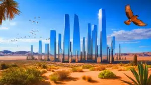 Illustration of The Line project in Saudi Arabia, depicting its futuristic and mirrored cityscape in the desert. Image generated by AI.