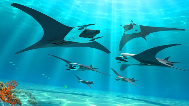 Illustration of underwater drones inspired by manta rays gliding in formation (AI-generated, unrealistic). Credit: Ideogram.