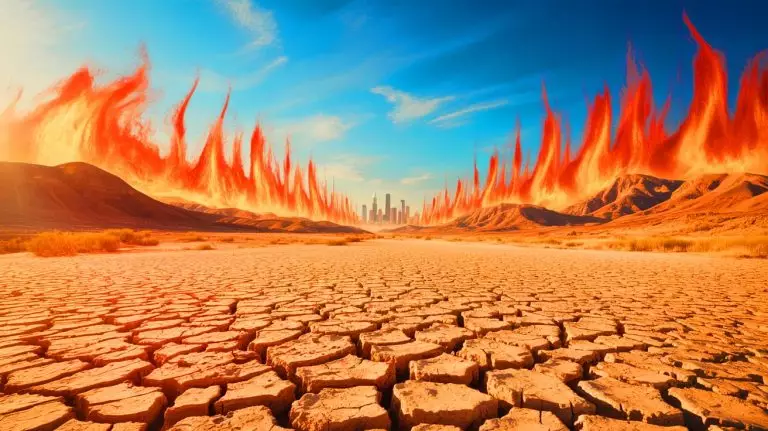 Illustration of extreme heat conditions affecting regions like Death Valley, Jacobabad, and Basra. Image generated by AI.