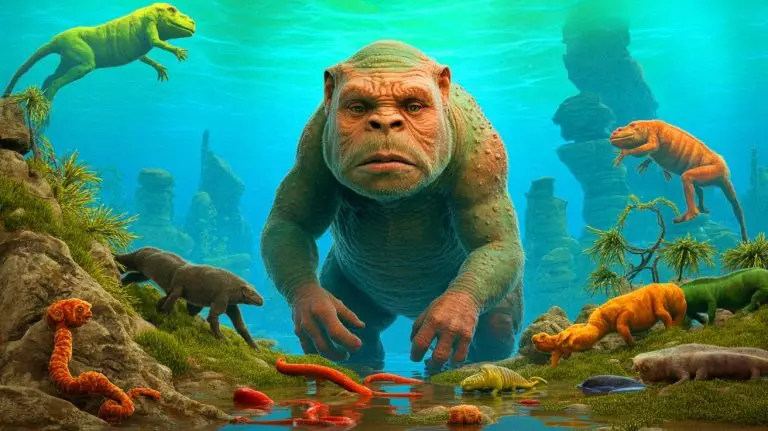 Illustration of the ancient Last Universal Common Ancestor (LUCA) living in a primordial aquatic environment. Image generated by AI.