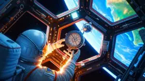 Illustration of the PHARAO atomic clock mission aboard the International Space Station. Image generated by AI.