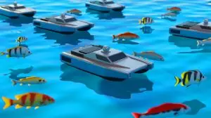 Illustration of edible robots monitoring water quality and integrating into aquatic ecosystems. Image generated by AI.