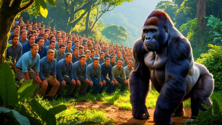 Illustration of 100 men facing a gorilla in a hypothetical showdown (AI-generated, unrealistic). Credit: Ideogram.