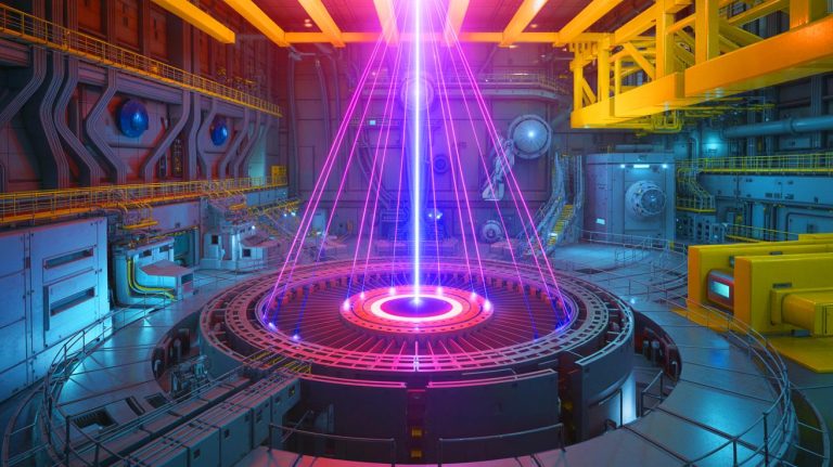 Illustration of the National Ignition Facility's inertial confinement fusion experiment. Image generated by AI.