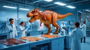 Illustration of lab-grown Tyrannosaurus rex leather being used in luxury fashion accessories (AI-generated, non-realistic illustration). Credit: Ideogram.