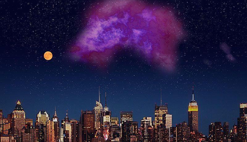 A depiction of the New York City skyline at night with a big purple cloud overhead
