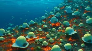 Illustration of an underwater volcano revealing thousands of giant Pacific white skate eggs. Image generated by AI.