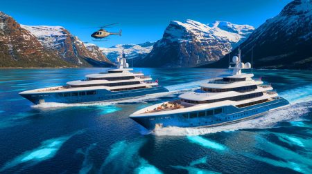 Illustration of Mark Zuckerberg's superyachts embarking on a journey to Norway's fjords for a luxurious heliskiing adventure (AI-generated, non-realistic illustration). Credit: Ideogram.